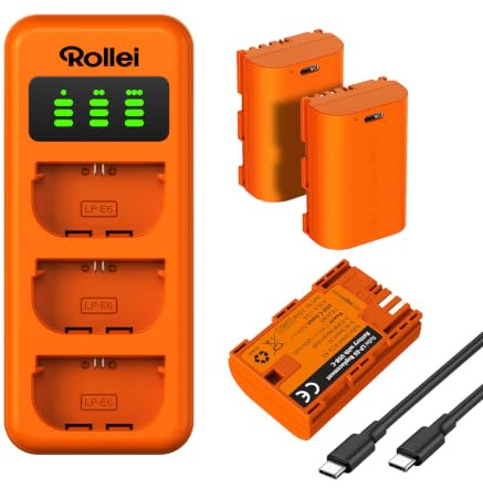 Rollei LP-E6 3 x Akkus und Ladegerät Set 3-Fach-Schnellladung mit USB-C | 100% Kompatibel mit Canon EOS 5D Mark II/III/IV, 6D/6D Mark II,7D/7D Mark II,60D/70D/80D