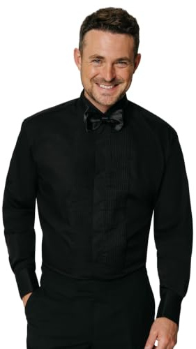 Dobell Mens Black Dress Shirt Regular Fit Wing Collar Pleated Fly Front Double Cuff