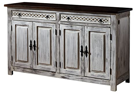 Massivmoebel24.de | Castle-ANTIK Sideboard aus Massivholz #261 | Mango- und Akazienholz - weiß, gewachst | 150x45x90cm | 2 Schubladen - 4 Fächer | romantische Kommode Shabby Shic
