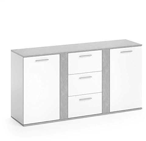 Vicco Kommode Novelli, Kommodenschrank, Beton/Weiß, 155 x 80 cm mit Schubladen