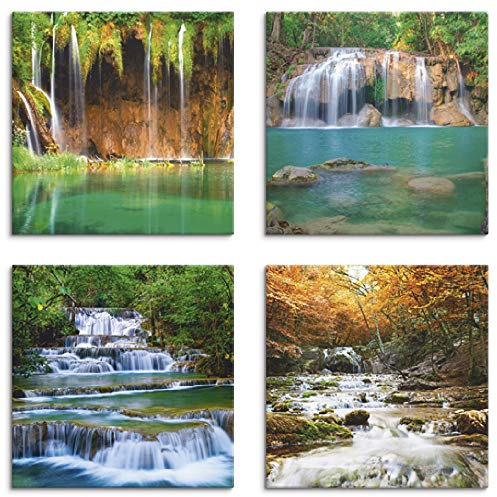 ARTLAND Wanddeko Leinwand Bilder Natur Set 4 tlg. je 30x30 cm Quadratisch Wandbilder Landschaft Gewässer Wasserfall Wald J5FV
