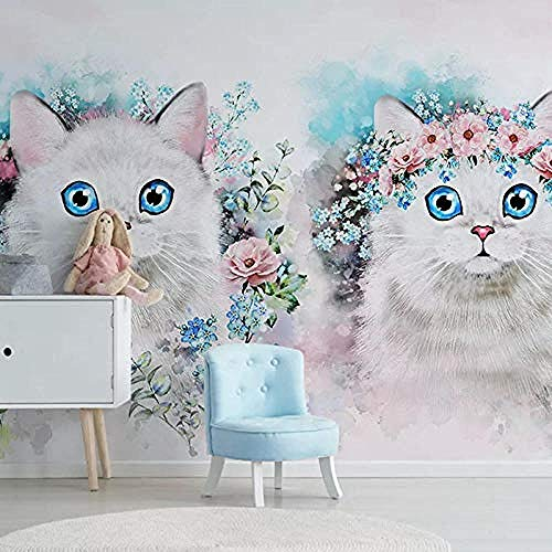Tapete 3D Pink Cartoon Niedliche handgemalte Katze Wandbild Tapete Wohnzimmer Schla Wanddekoration fototapete 3d Tapete effekt Vlies wandbild Schlafzimmer-250cm×170cm