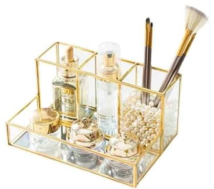 SLHEQING Make Up Organizer, Gold Pinselhalter, Schminktisch Organizer Glas Kosmetik Organizer, Skincare Organizer für Pinsel, Eyeliner, Parfüm, Lippenstift und mehr (A36)