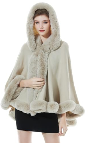 BEAUTELICATE Kunstpelz Stola Umhang Damen Poncho Cape Mit Kapuze Für Winter Hochzeit Abend Braut (Beige mit Pelzkragen,Einheitsgröße)