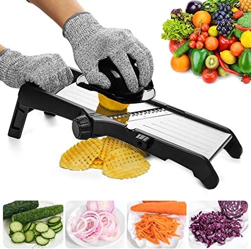 Mandoline Slicer with Protective Gloves -VEKAYA, Slice Julienne for Cheese Carrot Potato Chip Onion French Fry, Efficient Kitchen Cutter Chopper for Vegetable Time Saver