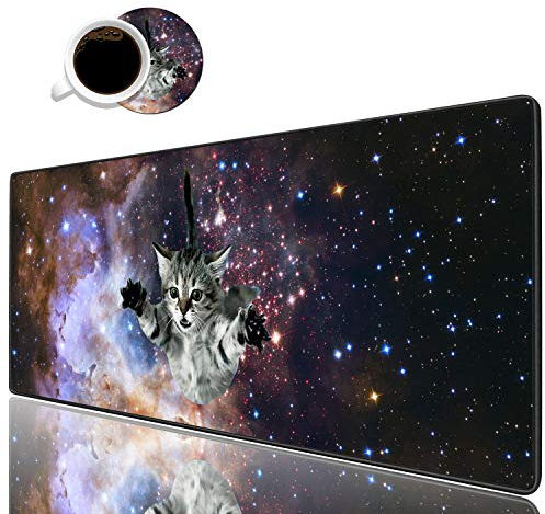 Luasao Desk Pad Mat Gaming Mouse Pads with Coasters Set, Stitched Edges Design Mouse Pad XXL Large Mouse Pad for Laptop Computers Galaxy Fly Cat Desk Writing Mat for Office & Home 31.5x 11.8
