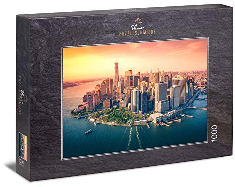 Ulmer Puzzleschmiede - Puzzle „Downtown Manhattan“ – Klassisches 1000 Teile Puzzle – Das beliebte Puzzlemotiv der Skyline von New York, Hier im besonderen Farbenspiel der Abendsonne