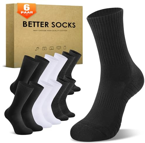 TUUHAW Tennissocken Herren Damen (6/12 Paar) Sportsocken Baumwolle Crew | Laufsocken, Wandersocken, Trekkingsocken, Herrensocken, Damensocken, Frottee Gepolstert, Atmungsaktive, Komfortabel