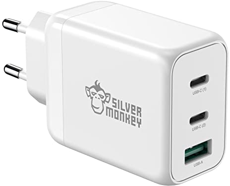 Silver Monkey® 65W GaN Ladegerät Universal für Handy Smartphone Tablet Laptop Smartwatch | Netzladegerät Wandladegerät | 3 Geräte | Power Delivery | QC 3.0 Quick Charge Schnellladen | Galliumnitrid
