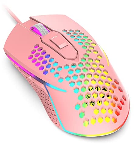 Wired USB Gaming Mouse 65G Honeycomb Shell Mini Ultra-Lightweight Gaming Mice 3200DPI 6 Button 7 Colors Chroma Breathing LED Backlight Gaming Mice Compatible with PC/Mac Office and Games-Pink