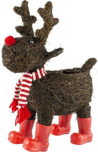 Wicker Christmas Moose Planter with Scarf & Red Boots - Festive Xmas Home Reindeer Decoration Cover Plant Pot