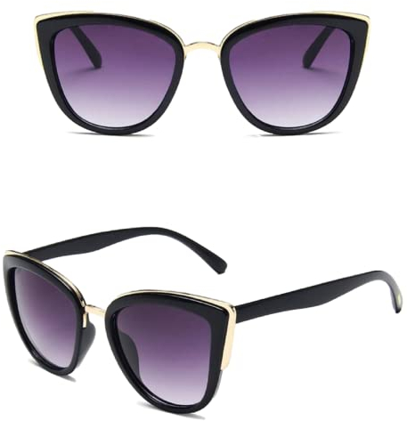 No Name Ltd Oversized Cateye Sunglasses Women Ladies Gradient Lens Gold Detail Frame Retro Trending Eyewear (Black Frame, Gradient Grey)