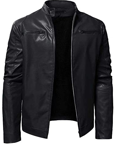 YUDATPG Giacca da uomo in pelle sintetica PU bomber moto slim fit soft touch classico colletto casual con cerniera cappotto spesso caldo antivento giacca a vento termica peluche, Nero , L