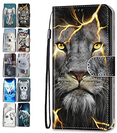 Hülle für iPhone 7 8 SE 2020, iPhone 6S 6 Leder Tasche Flip Case Mädchen Jungs Muster Design Etui Schutzhülle Cover Handyhülle - Löwe
