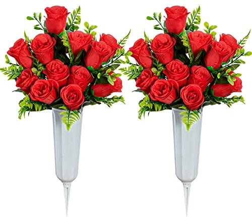 SIFOEL Artificial Cemetery Flowers with Vase, Artificial Rose Bouquet Grave Memorial Flowers for Cemetery Headstones Decoration (Red-2Pcs)