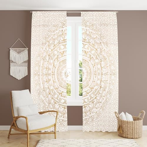 Bless International Schöner indischer Bohemian-Psychedelischer Hippie-Elefant-Mandala-Fenstervorhang für Schlafzimmer, Wohnzimmer, Dusche und Balkon (96 x 210 cm) Weiß und Gold (96 x 210 cm)