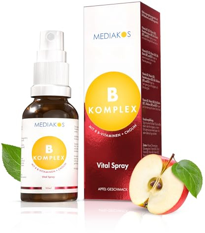 Mediakos® Vitamin B Komplex Spray 50 ml - Hochdosiert & Vegan | Präparat mit allen 8 B-Vitaminen und Cholin - B1, B2, B3 (Niacin), B6, B12 & mehr, Vital Spray mit fruchtigem Apfel