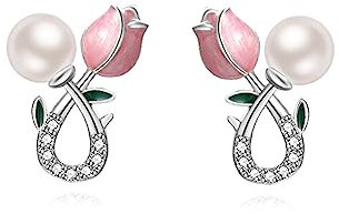 Reffeer 925 Sterling Silver Pink Flower Earrings Studs for Women Teen Girls Earrings Pearl Stud Earrings Tulip (A-Silver)