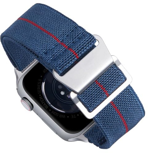 BINLUN Compatible avec Apple Watch Bracelet Montre Nylon Elastique Montre Style Marine Bracelets de Montre 3 Couleur Fermoir Crochet Idéal pour iwatch 8/7/6/5/4/3/2/1/SE(Bleu&Rouge,Argent,45mm/49mm)