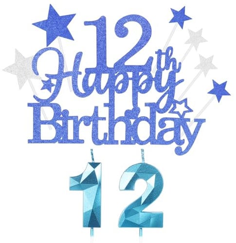 Yiran Personalised Blue Happy 12th Birthday Cake Topper with Number 12 Candles Star Cupcake Toppers Decorations Set for Her Him Boy Men Girl Kids Anniversary - (Set 9), LZ-LSCP12