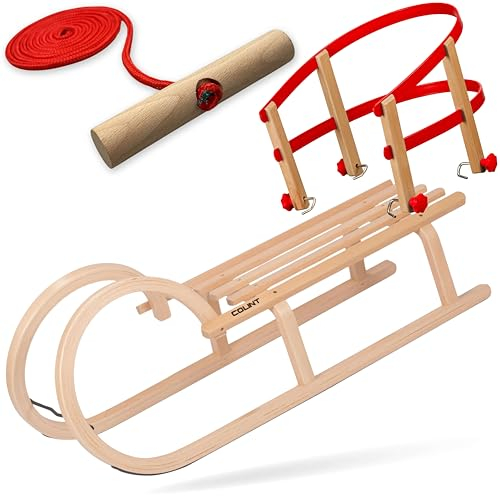 Explorer Colint Holzschlitten mit Rückenlehne für Kinder ab 1 Jahr und Erwachsene Set Schlitten Holz Hörnerschlitten mit Leine und Kunststoff/Holz Rückenlehne in Rot 100cm