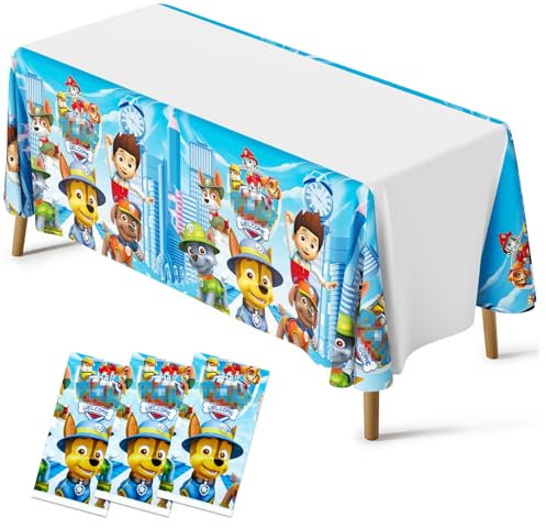 Sidesea Table Cloth Party, 3Pack 180 * 108cm Dog Table Cloth Party for Boys Waterproof Cartoon Party Tablecloth Rectangular Plastic Birthday Table Cover for Kids Party Decorations