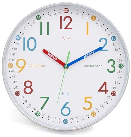 K&L Wall Art Lernuhr Kinder Wanduhr ohne Tickgeräusche modern Kinderuhr Jungen lautlos Mädchenuhr Silber Grau 30cm