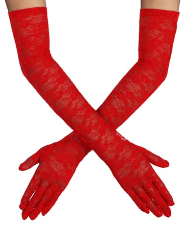DIVINA VITAE Red Lace Gloves, Women's Elegant Tea Party Opera Long Lace Gloves Mittens for Bridal Wedding Dress Cocktail Costume Floral Pattern Arm Elbow Length