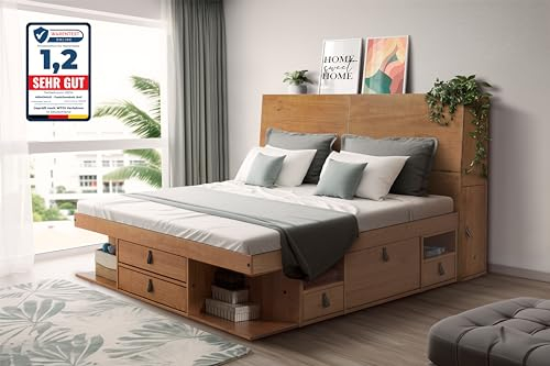 Bett mit Stauraum 180x200 + Funktions-Kopfteil + Lattenrost: Set Bali Oak. Doppelbett und Kopfteil aus massiv Holz Kiefer mit viel Stauraum und Bettkasten