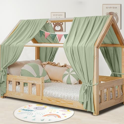Hausbett Himmel Deko Set, Betthimmel Hausbett aus Musselin - 2 Betthimmel & 1 Wimpelkette, für Jungen Mädchen Deko für Kinderzimmer, Baldachin Kinderzimmer Deko I 135 x 320cm Khaki