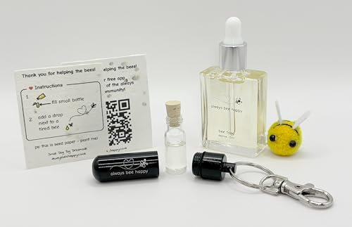 Bee Revival Kit - 'Always Bee Happy' Engraved Keyring, Glass Vial, Bee Feed Dropper Bottle, Organza Pouch