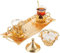 DEMMEX Turkish Tea and Coffee Serving Set for 2, 2 Glasses, Metal Glass Holders, Saucers, Spoons, Sugar Bowl and Tray, Engraved, 12x5 inch Tray, 3.3 fl Oz Capacity (Zamak Metal, Gold)