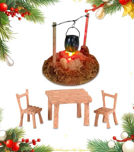 LED-Lagerfeuer Wichtel Zubehör Weihnachten,Miniatur Stadtflamme Mini Lagerfeuer Wichtelzubehör Miniatur Wichtel Zubehör,Feuerstelle Miniatur Möbeltische und Stühle Weihnachten Lagerfeuer Krippe Zubehö