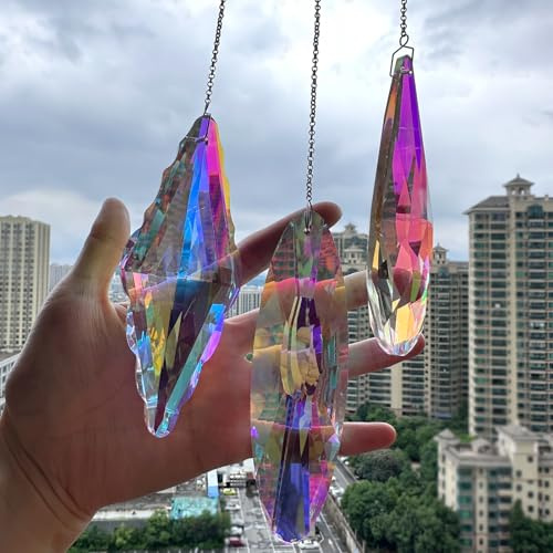 3 Stück 5 große Kristall-Sonnenfänger, hängende Kristalle zum Aufhängen mit Glasprisma, Sonnenfänger Kristall Regenbogenmacher für Zimmer, Fenster, Garten ästhetische Heimdekoration