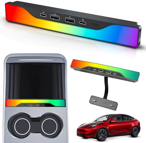 Cargador Hub USB integrado para Tesla Model Y 2021-2023 y Model 3 2021-2023, compatible con carga rápida USB-C, con iluminación ambiental Accesorios multipuerto para consola central