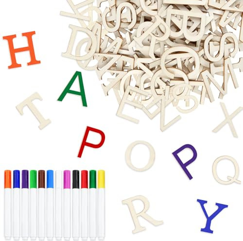 Morcheiong 52 Stück 5,1 cm Holzbuchstaben, unlackiertes Holzalphabet mit 12 mehrfarbigen Stiften für Bastelarbeiten, Heimdekoration, Wand, Kunstmalerei