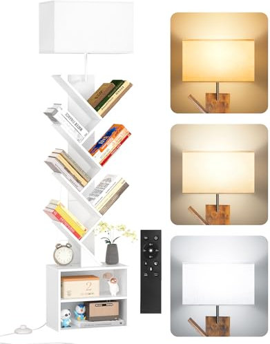 OUTONLIFE Libreria a Forma di Albero in Legno con Luce, Scaffale Autoportante a 9 Ripiani ad Angolo con Mobiletto – Libreria Salvaspazio per Libri, CD, per Soggiorno, Studio, Ufficio(Bianco)