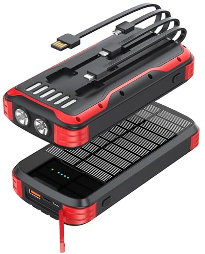 MINRISE Solar Power Bank 40000mAh, Tragbares Ladegerät PD 20W Schnellladung | Eingebaute 4 Kabel und USB-C-Eingang/Ausgang, externer Akku mit Taschenlampen, für alle Handys, für iPad, Camping-Zubehör