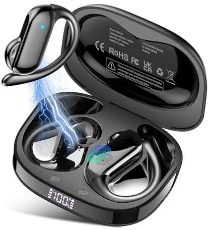 Open Ear Earbuds, Bluetooth 5.4 Wireless Earbuds with Ear Hooks, 32H HiFi Stereo Open Ear Headphones with Clear Calls, IPX7 Waterproof Lightweight Sport Earphones for Workouts, Running, Fitness, Black