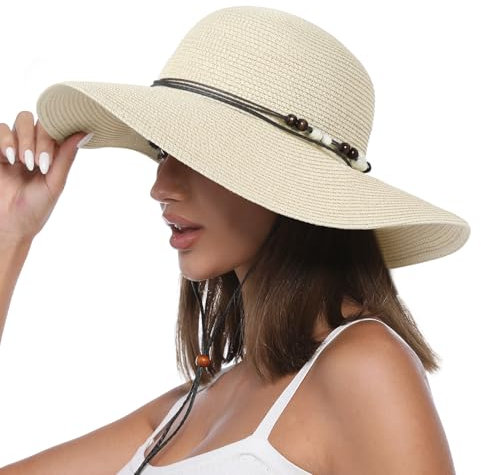 Creekstone Womens Floppy Straw Sun Hat Wide Brim UPF 50 Sun Protection Packable Summer Beach Hats with Wind Lanyard (UK, Alpha, M, Beige)