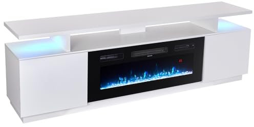 Warmiehomy Electric Fireplace Insert TV Stand, 180cm TV Stand Cabinet with Doors & 12 LED Backlight, 92cm Electric Fire with Remote Control, 12 Flame Colors, Adjustable Temperature, 900W&1800W-White