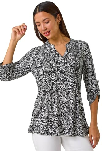 Roman Originals Pintuck Shirt for Women Ladies Jersey Blouse Collarless Top Flare Crinkle Notch Neck Tunic 3/4 Length Sleeve Longline Smart Casual Party Going Out - Black Animal - Size 12