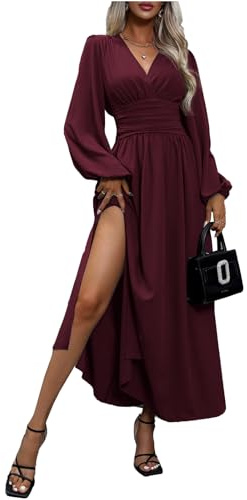 LUVCES Abito Elegante Donna Scollo a V Plissettato Vita Alta Abito Lungo con 2 Side Spaccato Causal Manica Lanterna Vestiti Autunno Iinverno Abiti Rosso Viola L