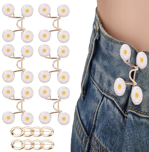 Lot de 8 Boutons de Serrage pour Pantalons, Pinces en Alliage Zinc Ajusteurs Taille Jeans Épingles Décoratives Marguerites Sans Couture pour Jeans Amples Robes et Jupes (Doré)