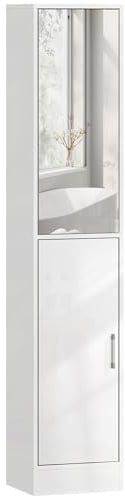 kleankin Tall Mirrored Bathroom Cabinet, Bathroom Storage Cupboard, Floor Standing Tallboy Unit with Adjustable Shelf, High Gloss White