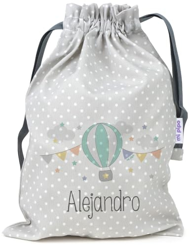 Mi Pipo - Saquito de Tela para Guarderia Personalizado - Globo | Bolsa Infantil en Tela Pique 100% Algodón, con Nombre | 0-3 Años, Cierre y Cintas para Colgar | Fácil Limpieza y Diseño Exclusivo