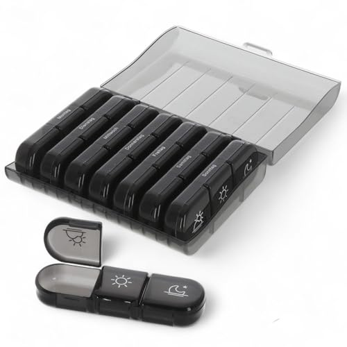 MIJOMA Pillenbox Wochenorganizer – Medikamentenbox für 7 Tage mit 3 Fächern pro Tag – Grau, kompakt & übersichtlich, Tablettenbox für Woche