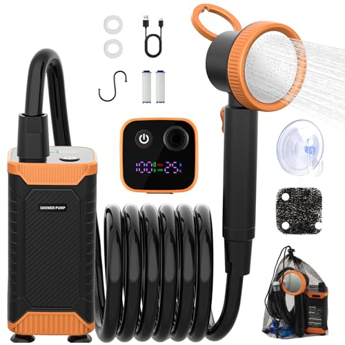 Uplayteck Doccia Campeggio, 8000mAh con 150mins, Impermeabilità IPX8 | Tubo Flessibile da 2M, Display Digitale Intelligente, Sistema a Doppio Filtro, Smontabile per la Pulizia, Gancio Integrato