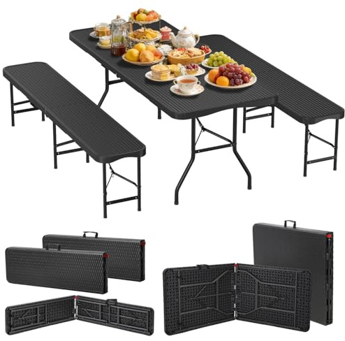 Hebitod Bierzeltgarnitur klappbar 3-teilig Set Tisch & 2X Bierbänke, Biertischgarnitur für drinnen & draußen, 180×74×74cm Klapptisch Rattan-Look Gartentisch mit Tragegriffe