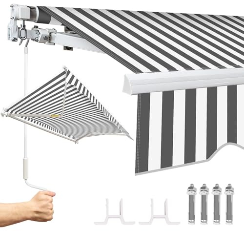 Ollewiellan Tenda da sole 350 x 300 cm, tenda a bracci snodati manuale, protezione solare con manovella, anti-UV e impermeabile, in alluminio/poliestere per balcone, terrazzo, giardino, bianco/grigio